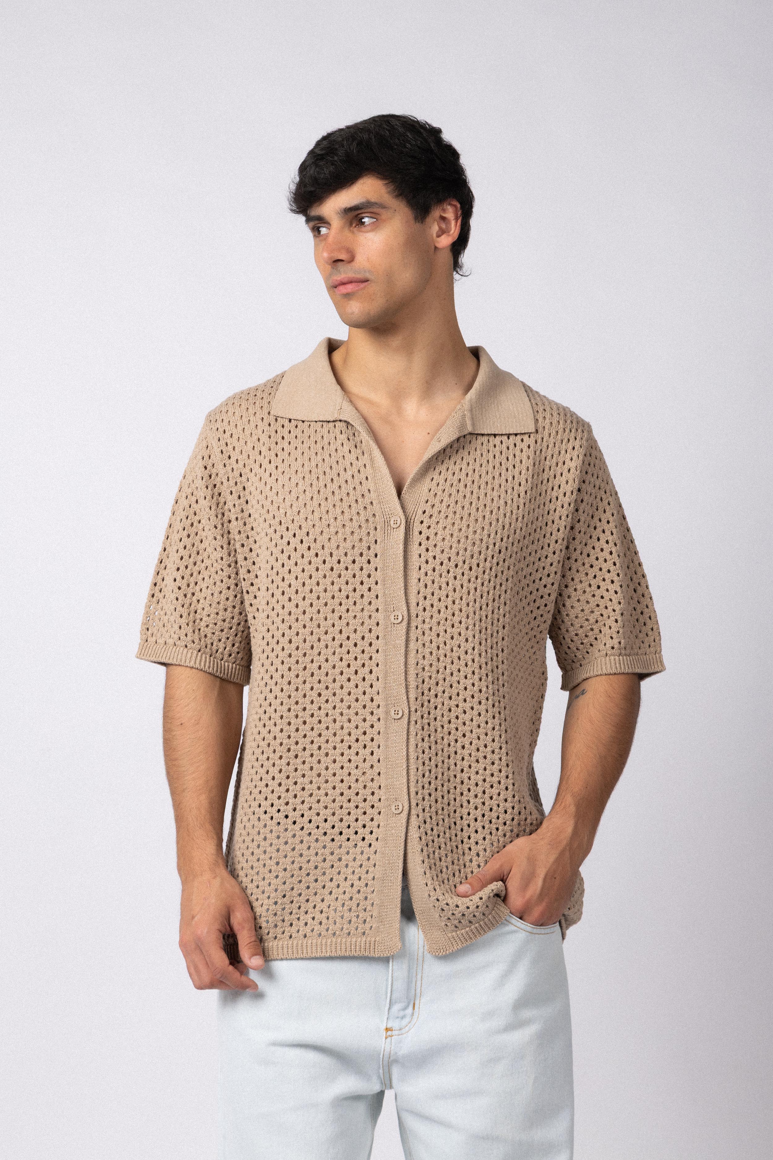 Camisa Manga Corta Tejida Lumen Beige