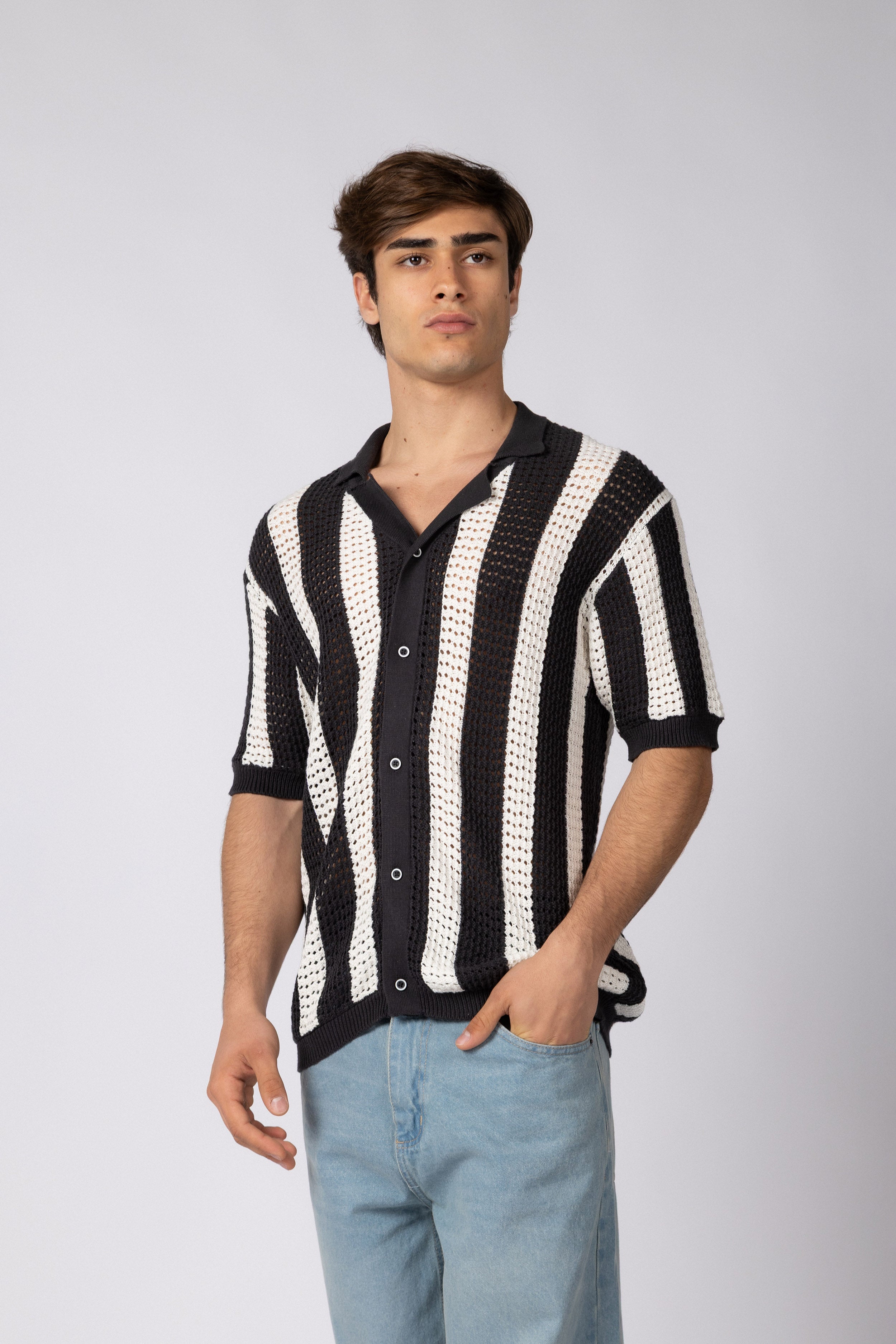 Camisa Manga Corta Tejida Marble Negra