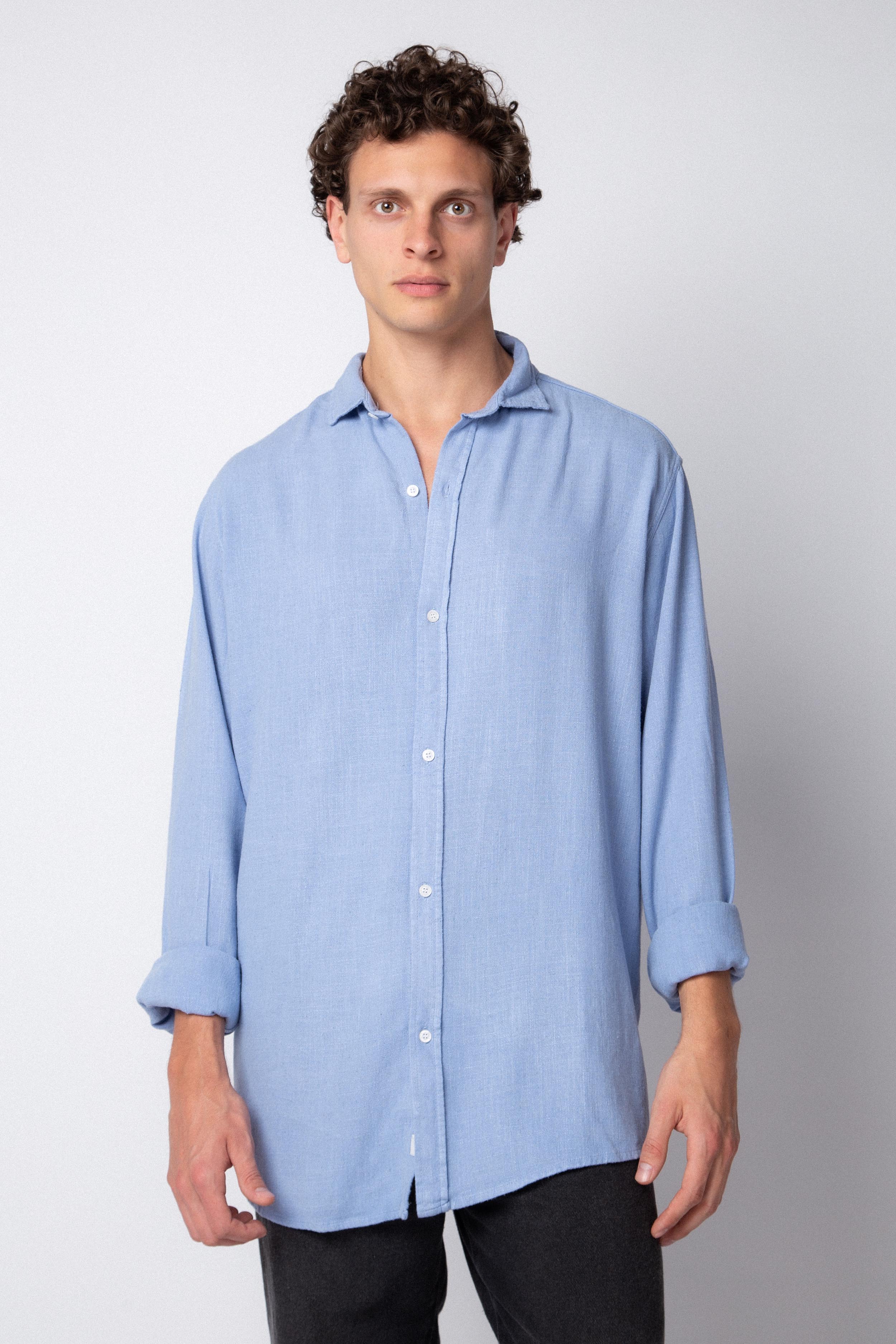 Camisa Manga Larga Lino Grau Celeste