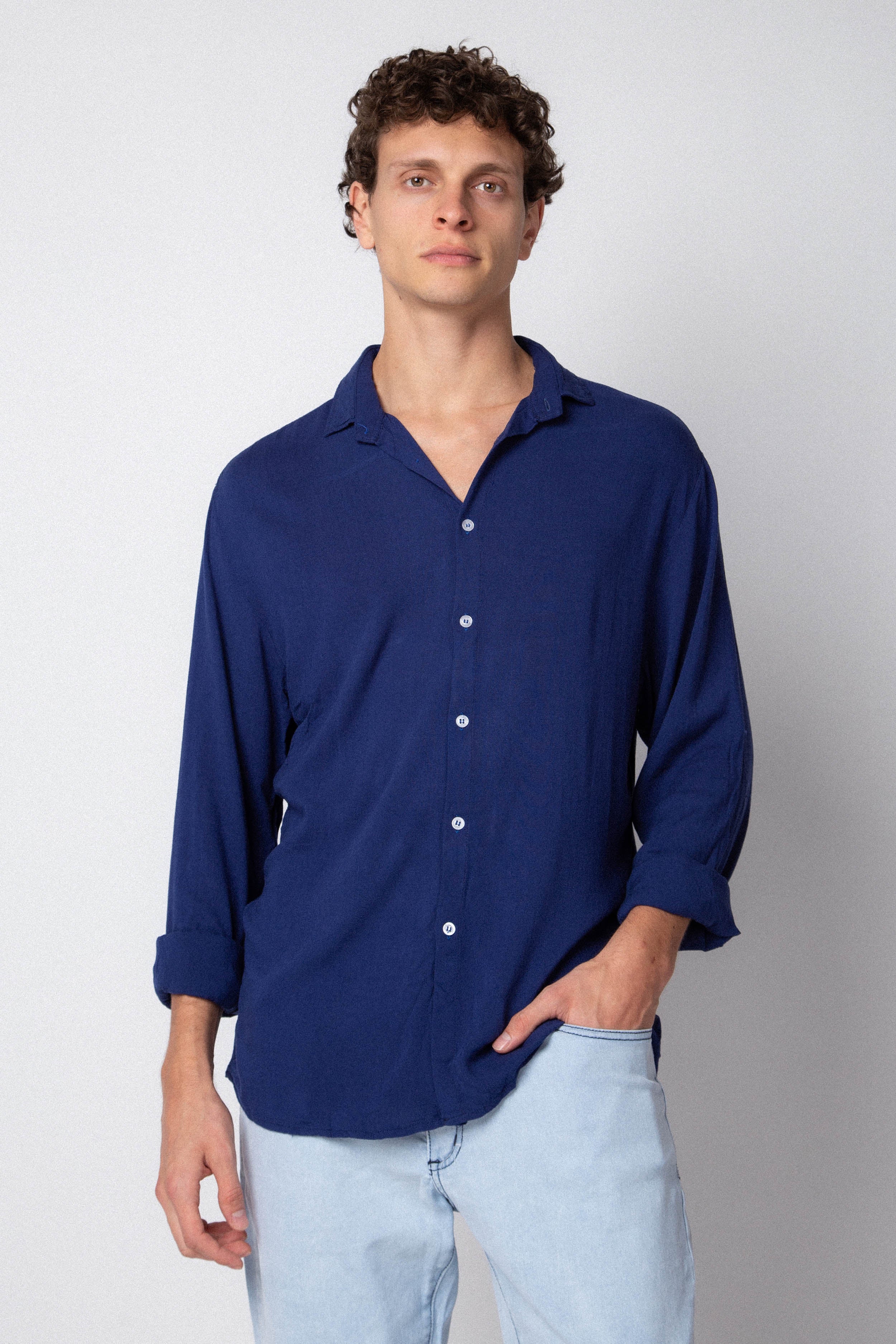 Camisa Manga Larga Lino Azul