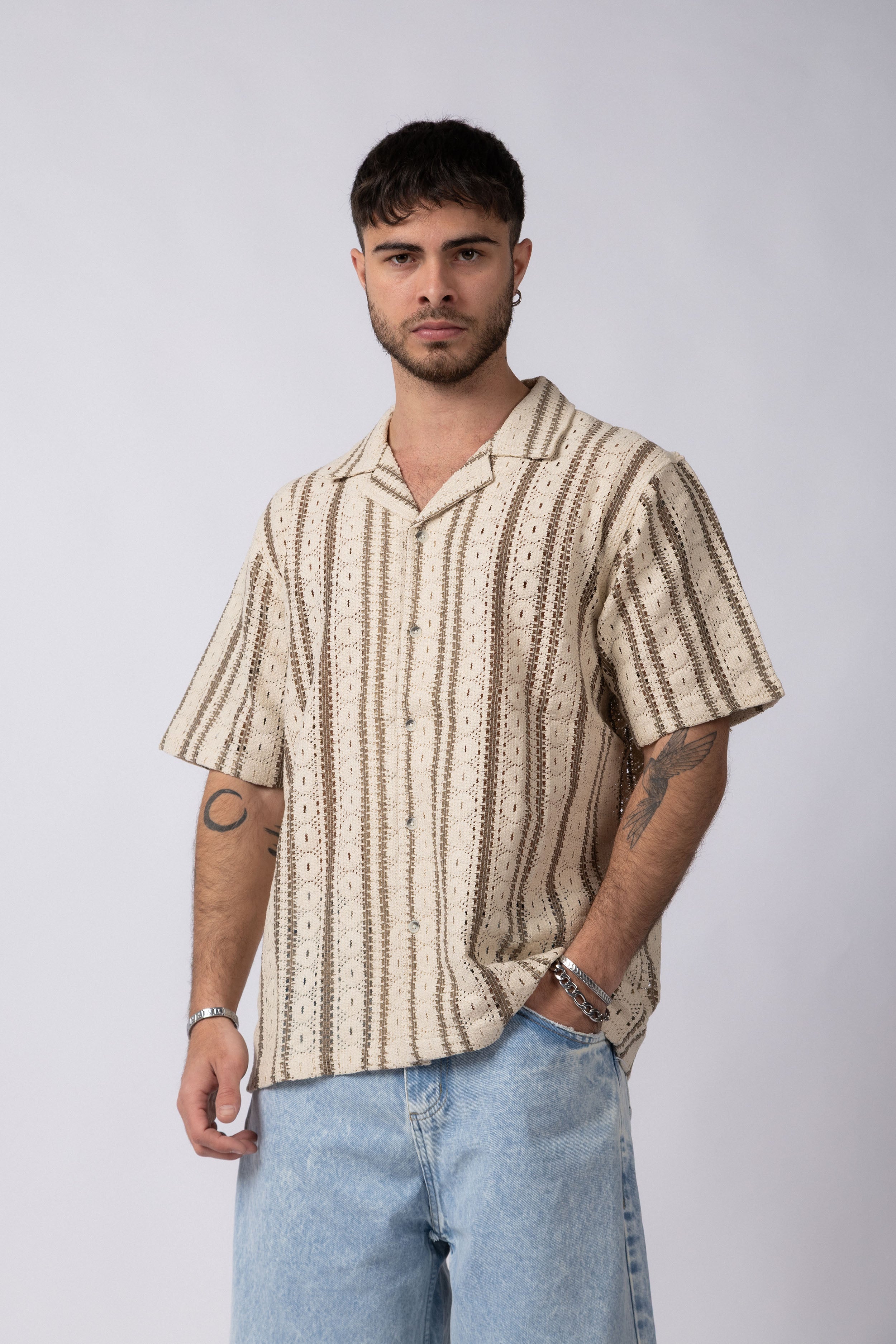 Camisa Manga Corta Crochet Steam Beige